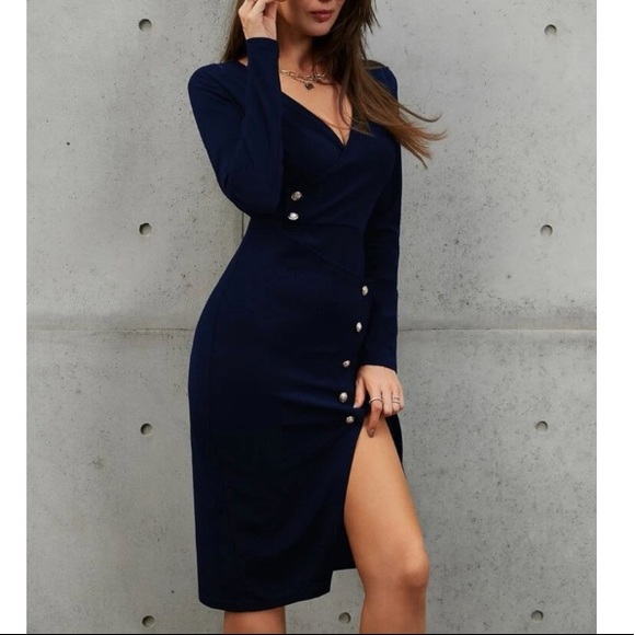 Boho navy blue button detail asymmetrical hem wrap dress - Picture 10 of 14